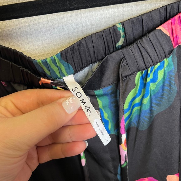 Soma Tropical Bird Orchid Satin Wide Leg Lounge Pajama Pants Black Small - Picture 5 of 7